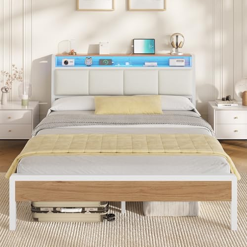 KIMENICH Letto 140x200 Letto con Illuminazione a LED Letto Imbottito 140x200 Base di Ricarica Telaio Letto con Rete a Doghe, Camera da Letto, Bianco