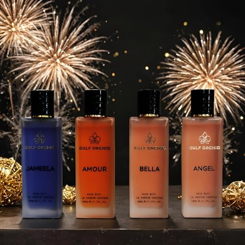 Brumes cheuveux, Coffret Hair Mist, Collection de 4 Brumes Capillaires Parfumées, Amour, Belle, Jameela, Angel, 4 x 50 ml, Hydratant et Brillance