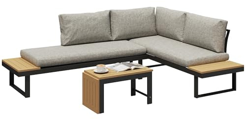 Outsunny Conjunto de Jardín Exterior de 3 Piezas, Sofá Exterior Seccional Resistente con Estructura de Aluminio, 2 Sofás de 2 Plazas, Mesa de Centro Versátil y Cojines, Gris Claro