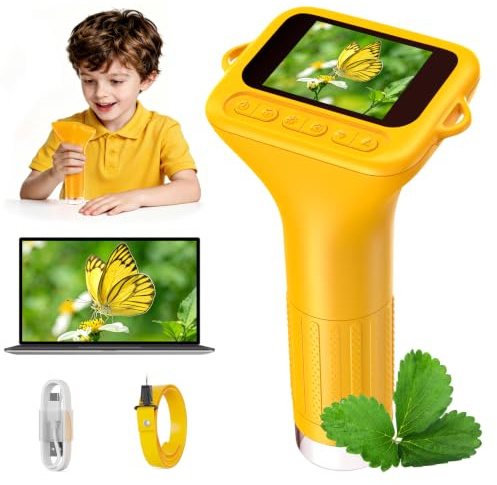 ASPOVEN Microscopio Digitale Bambini 1000X, Microscopio Portatile con Schermo IPS 2 Pollici, 8 LED Luce Regolabile, Foto e Video, Regalo Scientifico per Bambini Ragazzi e Ragazze (Giallo)