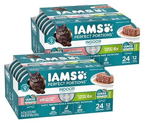 IAMS Perfect Portions Indoor Adult Grain Free Wet Cat Food Pate, Turkey and Salmon Recipe, 2.6 oz. Twin-Pack Trays (12 Count, 24 Servings) (Pack of 2)