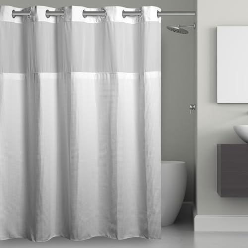 Hookless It’s A Snap! Waffle Shower Curtain, 3-in-1 Shower Curtain Includes Fabric Shower Curtain with Sheer Top Window, Flex-On Rings & Fabric Liner, 54” x 80”, White