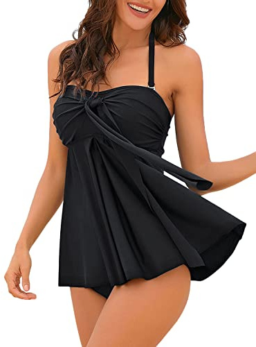 LookbookStore Women's Halter Bandeau Crisscross Tankini Set Two Pieces Swimsuits Black Large (Fits US 12-US 14)