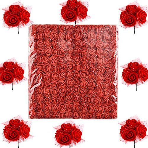BOELLRUNO 288 Stück Rot Schaumrosen mit Stiel Künstliche Blumen Foamrosen Blumenköpfe Schaum Foam Blumen Brautstrauß Rosenstrauß Deko Kunstblumen Rosen Basteln Kunstblume für Hochzeit Party Feier usw