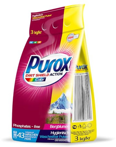 PUROX COLOR Detersivo Lavatrice Polvere (43 Lavaggi) – Per tessuti colorati, rimuove le macchie, ecologico, protezione anticalcare, sacco da 3 kg