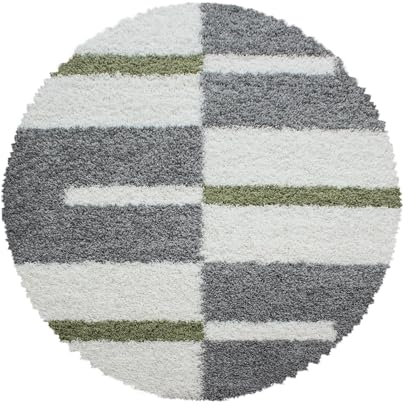 Carpetsale24 Hochflor Teppich Rund 200 cm Grün-Grau – Weicher Shaggy Flokati mit modernem Karomuster – Großer Bodenteppich für Wohnzimmer, Essbereich oder Schlafzimmer – Pflegeleicht