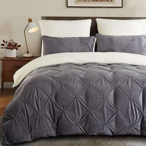 Lanqinglv Ropa de cama de lujo Pintuck de 135 x 200 cm, color gris, mullido, forro polar, tacto de cachemira, franela para invierno, de felpa, funda nórdica con cremallera y 1 funda de almohada de 80