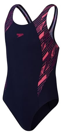 Speedo Mädchen Girls Boom Logo Splice Muscleback Badeanzug, True Navy/Electric Pink/Fandango Pink, 5-6 Jahre EU