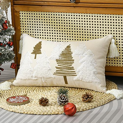 Lewondr Funda para Almohada Decorativa, 1PCS 30x50cm Funda Navideña para Cojín con Bordado Tridimensional de Árbol de Navidad & Borlas, Funda de Almohada de Navidad para Sofá Silla Cama Coche