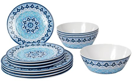 Abode Homewares Blue Fontana - Juego de vajilla de melamina de 12 piezas, 4 platos llanos, 4 platos de ensalada, 4 cuencos, apto para lavavajillas, duradero