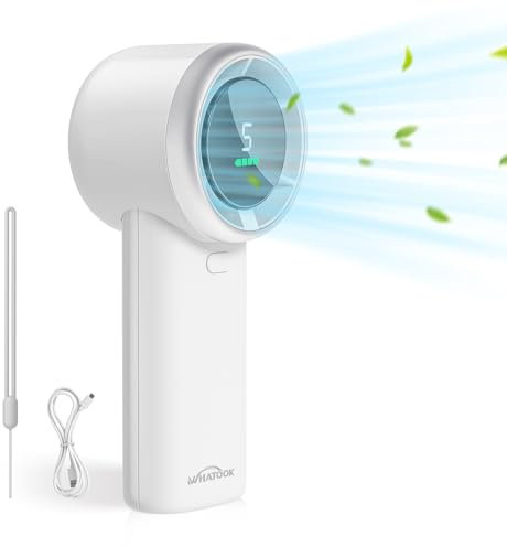 WHATOOK Handheld Fan, 2024 Powerful High Speed Cooling Turbo Mini Fan with LED Display, 5 Speeds USB Rechargeable Portable Fans, 2H Fast charging, Personal Small Stylish Travel Fan for Woman Outdoor