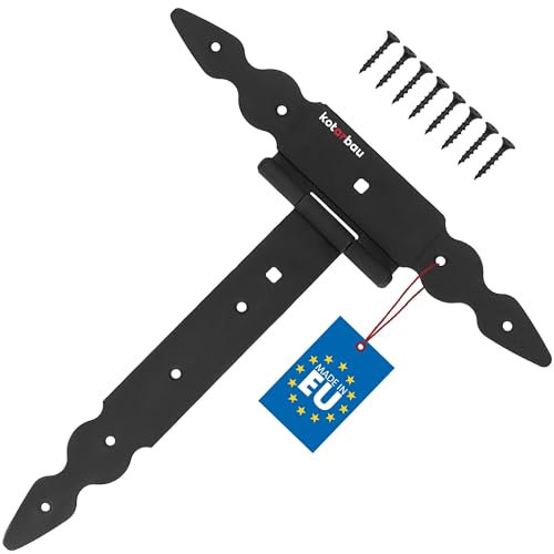KOTARBAU® Bisagras en T negras L: 250 mm, colgador en cruz, acero pulverizado, bisagra para puerta de jardín, bisagra de puerta de madera, bisagra de puerta de carga pesada, herrajes, puerta de jardín