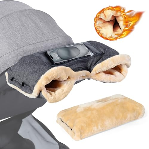 Orzbow Pram Gloves, Warm Pram Hand Muff with Faux Woolen Fleece, Pushchair Hand Muff with Phone Pocket, Weatherproof Fabric, Extreme Comfort, Tight Fit, Pram Gloves for Stroller in Winter, Dark Grey