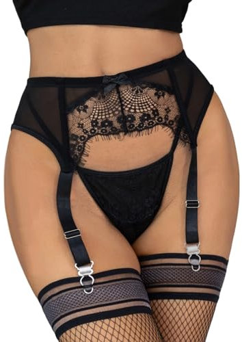 ohyeahlady Sexy Strapsgürtel Damen Spitze mit Clips Strumpfhalter Große Größen Strapsen Dessous Set Strumpfgürtel Strumpfband Schwarz Strumpfgürtel Mesh Garter Belt Hosenträger mit 4 Halter M