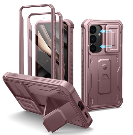 Dexnor pour Coque Samsung Galaxy S25【Double Cadre Avant et Support】 avec CaméRa Coulissante Intégrée & Protecteur d'écran, Coque de Protection Robuste Résistante Aux Chocs - Poudre Pivoine