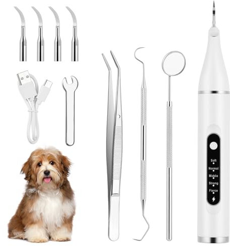 Aomig Detartreur Dentaire Chien, 5 Modes Kit de Nettoyeur de des Dents Animaux avec LED et 4 Têtes de Nettoyage Changeables, Dents Détachant Plaque, Brosses à Dents Chien Chat pour Tartare et Taches