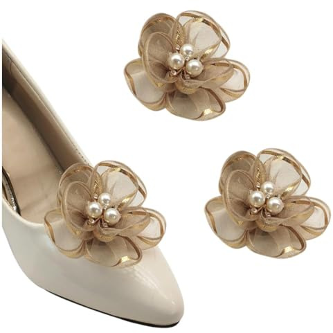 2 Pieces Flower Shoe Clips for Women, Pearl Shoe Charms Clips Elegant Bridal Shoe Buckles Detachable Shoe Accessories Rhinestone Shoes Jewelry Decoration for Wedding Prom Party High Heels (Beige)