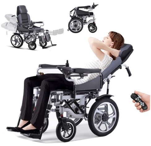 Juodkeo Sedia a rotelle elettrica ergonomica pieghevole reclinabile con schienale alto per anziani, schienale regolabile a 160°, sedia a rotelle motorizzata, batteria 12Ah, poggiapiedi regolabile in