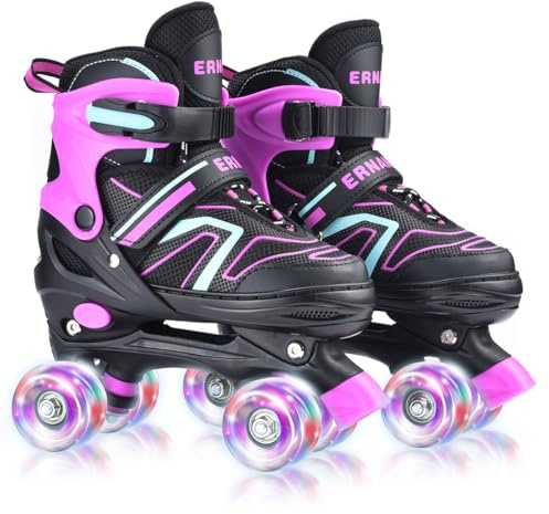 ERNAN Patines 4 Ruedas, 4 tamaños Ajustables con Ruedas Que Brillan en la Oscuridad, Patines de Ruedas para niños,Patines Niña Niño Principiante Regalo