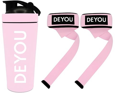 DEYOU Bundle – Edelstahl Shaker 750 ml + Zughilfen mit Polsterung & Meshbag – BPA-frei, Auslaufsicher & Langlebig – Perfektes Gym Fitness Set für Proteinshakes, Krafttraining & Bodybuilding (rosa)