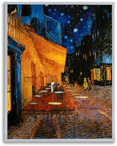Van Gogh Stampa artistica da parete in cartone con terrazza di caffè di sera, 50 x 70 cm, con cornice Texas in argento, pronta da appendere, prodotta in Germania