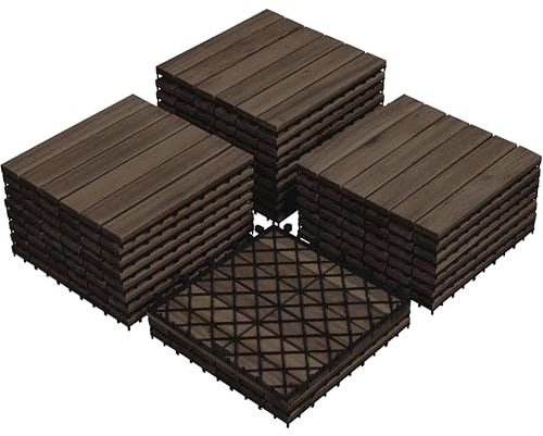 Yaheetech 1 Pack Waterproof Acacia Wood Interlocking Decking Tiles Flooring Tiles 31×31cm for Outdoor & Indoor, Patio, Balcony, Garden, Total 27pcs, Black