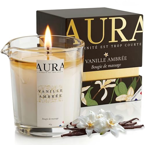 Bougie de Massage AURA Premium Vanille Ambrée | Fabriquée à Grasse | Cire d’Abeille & Soja, Huile de Coco | Se Transforme en Huile de Massage Nourrissante, Soin Corps Relaxant | Idée Cadeau