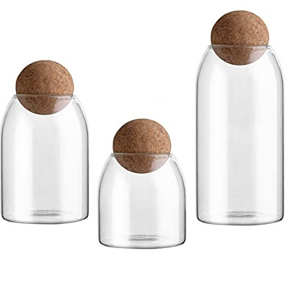 Hniuyun 3pcs/set of glass food storage jars with spherical cork lids, bamboo glass storage containers with good seal, suitable for kitchen pantry for tea, coffee, sugar, flour, spices, etc.