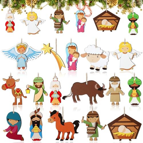 Liliful 16 Pcs Nativity Scene Ornaments 3D Christmas Tree Decorations The Birth of Jesus Hanging Wooden Nativity Ornaments Christian Wedding Ornament Nativity Scene Accessories Tree Ornaments