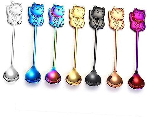 UPKOCH CuillèRe à Café En Acier Inoxydable 304 - CuillèRe à Dessert Chat - à MéLanger Pour Café, Yaourt, Glace, GâTeau - 14 Cm - Multicolore