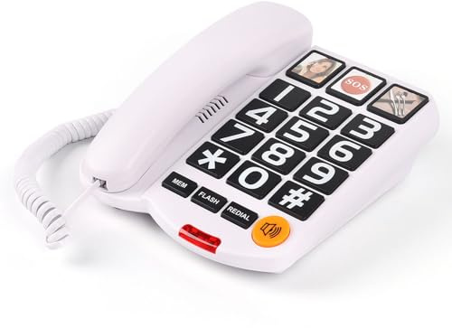 Mcheeta Big Button Landline Phone for elderly, PSTN One-touch Image Button Corded House Phone with flashing light and Adjustable Volume, Telephones Landline Suitable for Elderly people, White