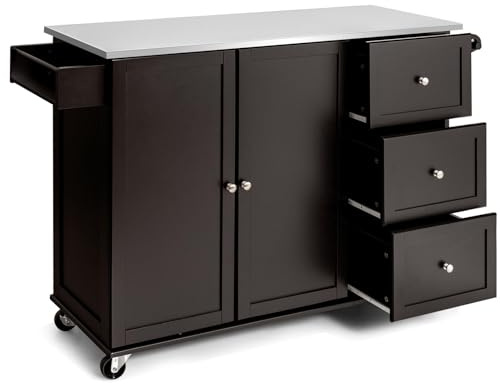 KOMFOTTEU Isola da cucina mobile con piano di lavoro in acciaio inox, carrello da cucina con 3 cassetti e portasciugamani e ripiano regolabile, armadio da cucina su ruote, trolley da cucina 135 x 45,5