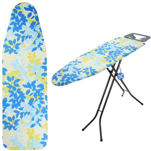 KADAX Bügelbrettbezug mit Kordelzug, Robuster Bügeltischbezug für knitterfreies Bügeln, Universelle Bügelbrett- Abdeckung, Ersatzbügeltischbezug (Blaue Blätter, 140x50cm)