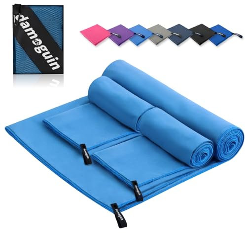 damoguin 3er-Set Mikrofaser Handtuch, Groß (180 * 80cm) & 2 Stück Klein (80 * 40cm) Schnelltrocknende Microfaser Fitness Handtücher, als Sporthandtuch, Strandtuch, Badetuch und Reisehandtuch (Blau)