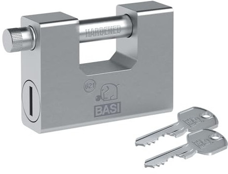 BASI | Sicherheitsschloss aus gehärtetem Stahl | Vorhangschloss mit 13 mm Stahlbolzen | Blockschloss Containerschloss mit Bohrschutz (ZA) | 2 Schlüssel | Outdoorschloss