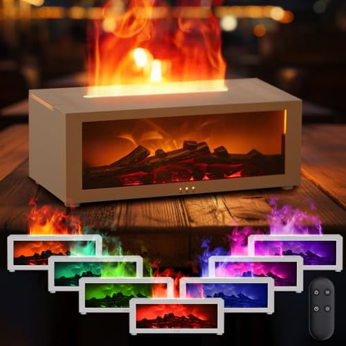 Diffuseur Huiles Essentielles Cheminée Diffuseur Huiles Essentielles Flammes 7 Couleurs LED, 150 ML Humidificateur d'air avec Télécommande, 3 Minuteurs, Diffuseur Parfum Maison pour Bureau Yoga, Blanc