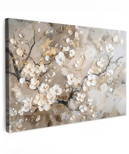 MuchoWow© Leinwandbilder Groß 120x80 cm XXL Wall Art Decoration Bilder für die Wand Schlafzimmer Deko Canvas Painting Wanddekoration Wohnzimmer Blumen - Weiß - Gold - Beige - Luxus