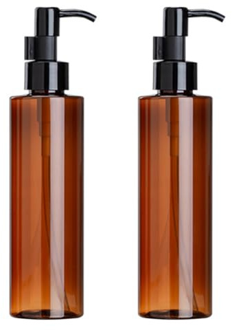 2 flaconi vuoti da 200 ml, ricaricabili, in plastica ambrata, per lozioni, oli detergenti, cosmetici, contenitori con pompe nere per lozioni, liquidi, cosmetici, olio e rimozione