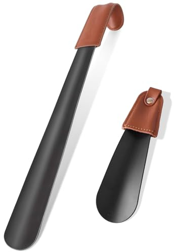 TINA.WIN 2 Piezas Calzador De Zapatos Largo 42cm Largo Metalico Calzadores Con Correa Cuero 16.8cm Shoe Horn Para Hombres Mujeres NiñOs Botas Y Todos Los Zapatos