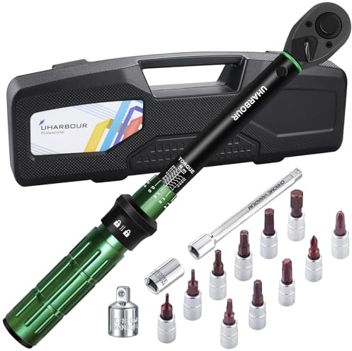 Uharbour 3/8 Torque Wrench Set 3-25 Nm for Motorcycle Spark Plug and Bicycle Maintenance, Bike Torque Wrench with Bits, Adapter, Extension Rod, Dual Direction Ratchet, ±3% Accuracy