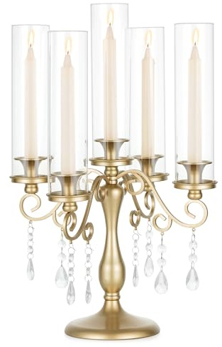 Sziqiqi Portacandele Candelabri Oro: Candelabri a 5 Braccia per Centrotavola da Matrimonio - Portacandele Vintage con Ghiande in Vetro per Cene all'aperto, Feste di Natale, Compleanni e Anniversari
