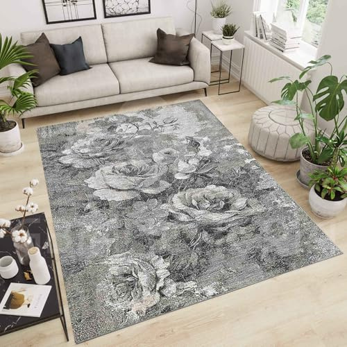 By Suardi Tappeto Rose Grigio – Lavabile in Lavatrice, Antiscivolo, Jacquard con Ciniglia – Pelo Corto 1200gr/mq – Design Floreale – Made in Italy (85x150cm)