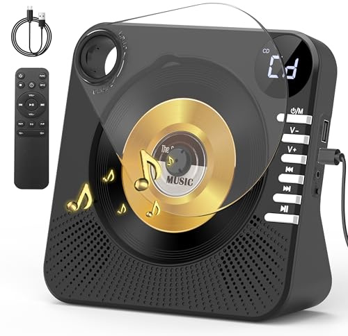 CD Player with HiFi Dual Speaker Bluetooth,Desktop CD Player for Home Black with Remote Control,Dust Cover,LCD Display,Sleep Timer,EQ Sound,USB/AUX/3.5mm Earphone Jack Kids,Gift