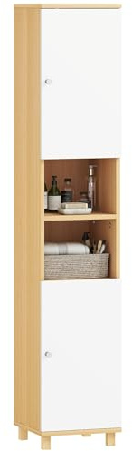 HOMCOM Mobile Bagno a Colonna con Ante, 2 Ripiani Aperti, 2 Armadietti, Mobiletto Bagno Salvaspazio con Ripiani Regolabili per Sala da Pranzo Salotto Soggiorno, 30x30x166 cm, Bianco e Legno