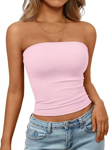 Trendy Queen Womens Strapless Tube Tops Basic Backless Sleeveless Bandeau Going Out Crop Tops Cute 2025 Summer Clothes Pink XL