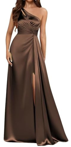 HPPEE Abito da damigella d'onore da donna monospalla con spacco senza maniche corsetto in raso abito da ballo lungo, Marrone, 42