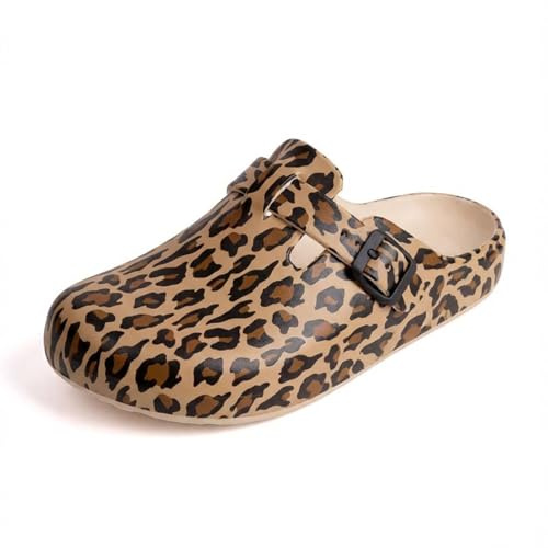 SECHRITE Zuecos de trabajo para mujer, con soporte de arco, antideslizantes, antideslizantes, para jardín, enfermera, chef, cocina, zapatos acolchados estampados, estampado de leopardo, 38 EU