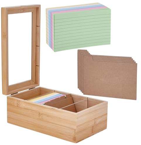 HOBBIESAY 1 Set Index Card Box 3x5 Inch Bamboo Wood Index Card Organizer Holder with 5Pcs Cards Dividers and 300 Sheets Sticky Note Revision Flash Cards Storage Box with 4 Compartments for Office Home
