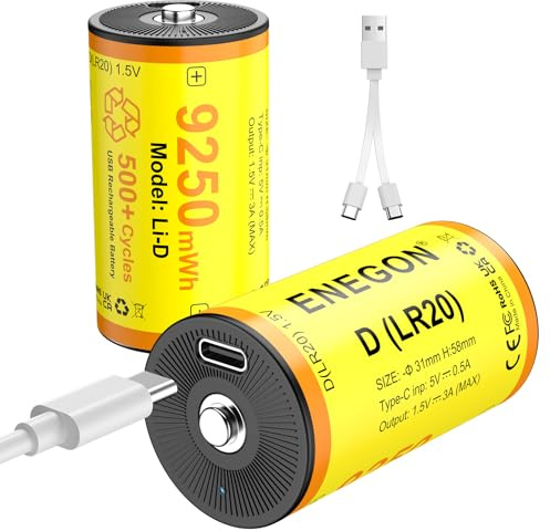 ENEGON Batterie ricaricabili D 1,5 V LR20 9250 mWh al litio 2 pezzi con cavo di ricarica USB-C per luce LED, campeggio e giocattoli