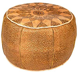 Orientalischer runder Pouf aus Leder ø 50cm Rund 30cm Hoch inklusive Füllung | Marokkanisches Sitzkissen Sitzpouf Kissen Balsam Braun | Marokkanischer Hocker Sitzhocker Fusshocker
